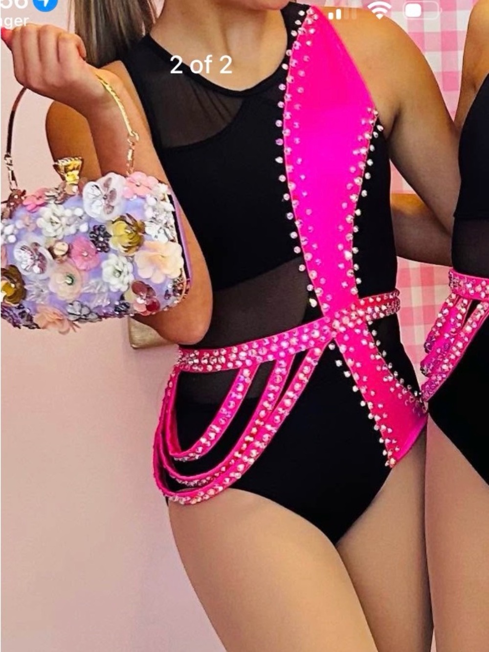 Black and Hot Pink Rhinestone Dance Costume- Semi Custom Medium Child
